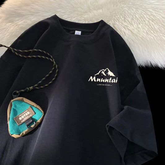 T-Shirts Pullover Oversize Tshirt Hong Kong Style Mountain Peak Letters Print T-shirts Oversized Half Sleeves Youth Tees