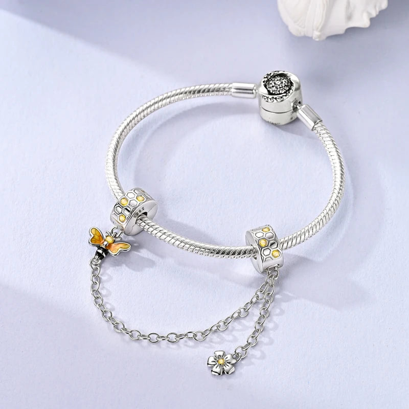 Charm de Plata 925 – Safety Chain, Avión, Tierra, Cámara y Margarita para Pulsera DIY Mujer