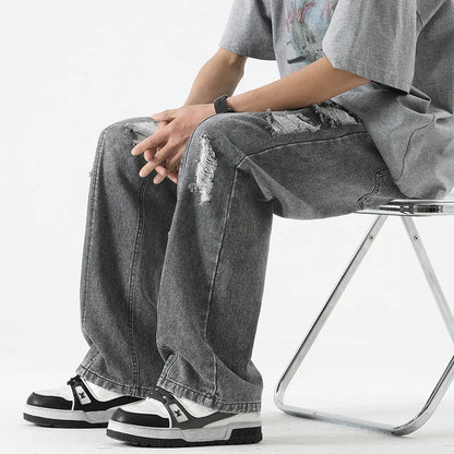 Jeans Hombre Verano Rasgados Rectos | Pantalones Vaqueros Sueltos Retro Cordón Ajustable Streetwear