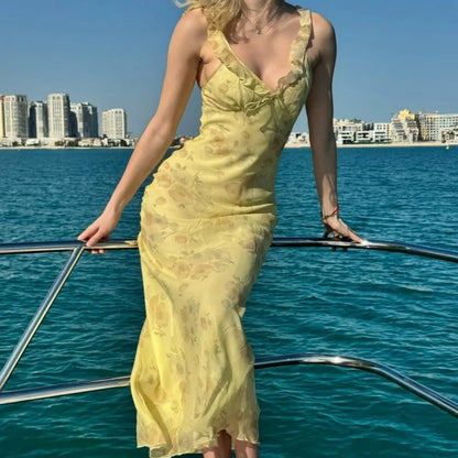 Vestido Largo Floral Mujer | Maxi Dress Sexy Escote Profundo y Espalda Abierta Estilo Coquette
