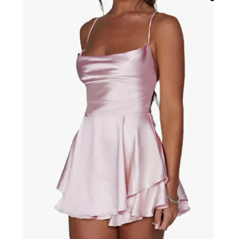 Summer Satin Women Sexy Sleeveless Cami Playsuits Dress Solid Cowl Neck Short Jumpsuits Cross Tie-Up Backless Romper