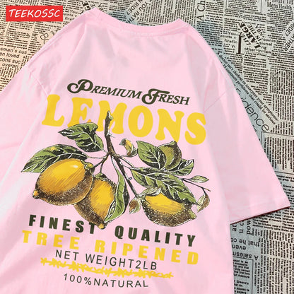 Camiseta Oversize Mujer Verano | Algodón Estampado Limones y Cerezas Casual