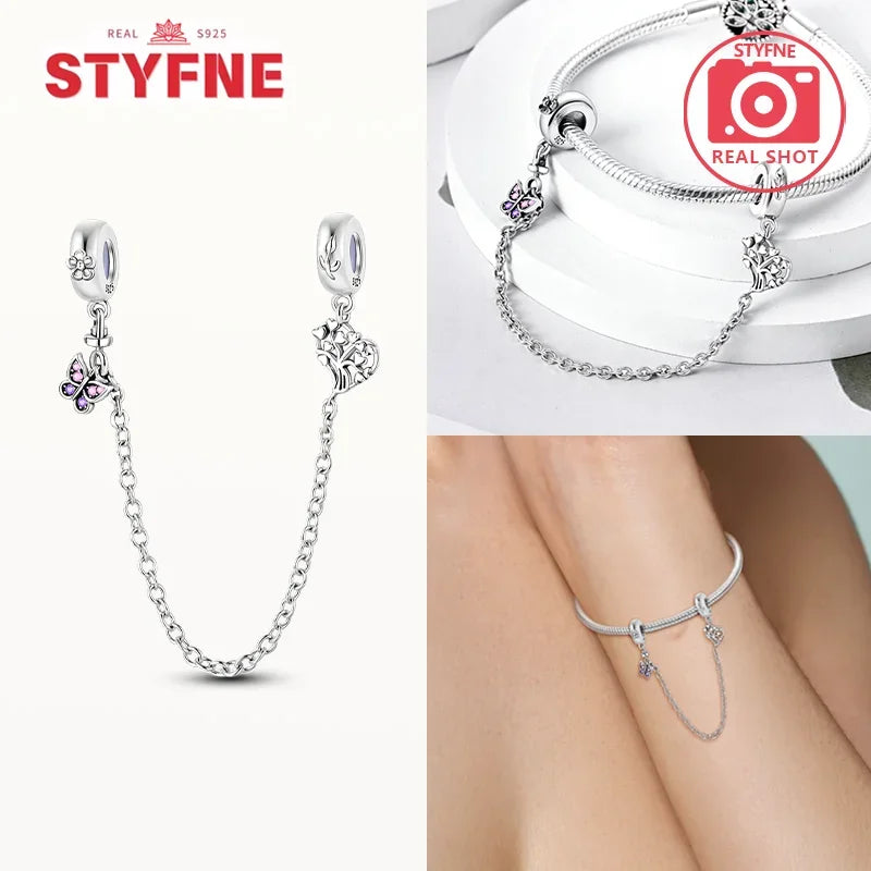 Charm Gato con Corazón de Plata 925 | Cadena de Seguridad para Pulseras Pandora Mujer