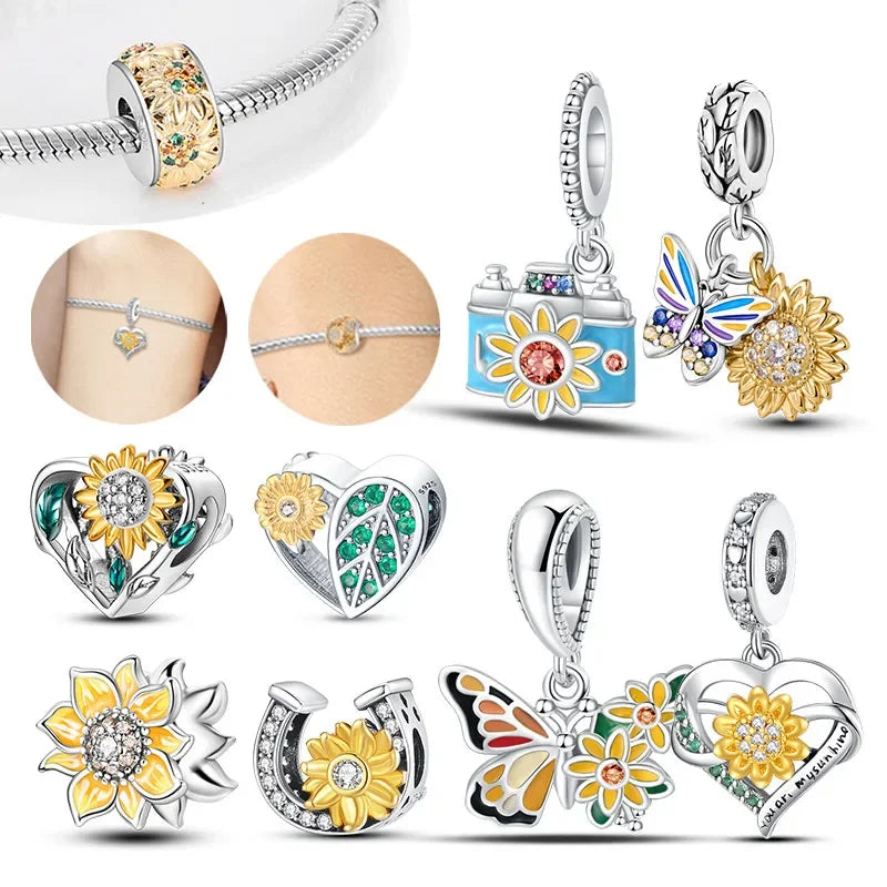Charm Corazón con Girasoles Dorados en Plata 925 | Beads para Pulsera Original Pandora