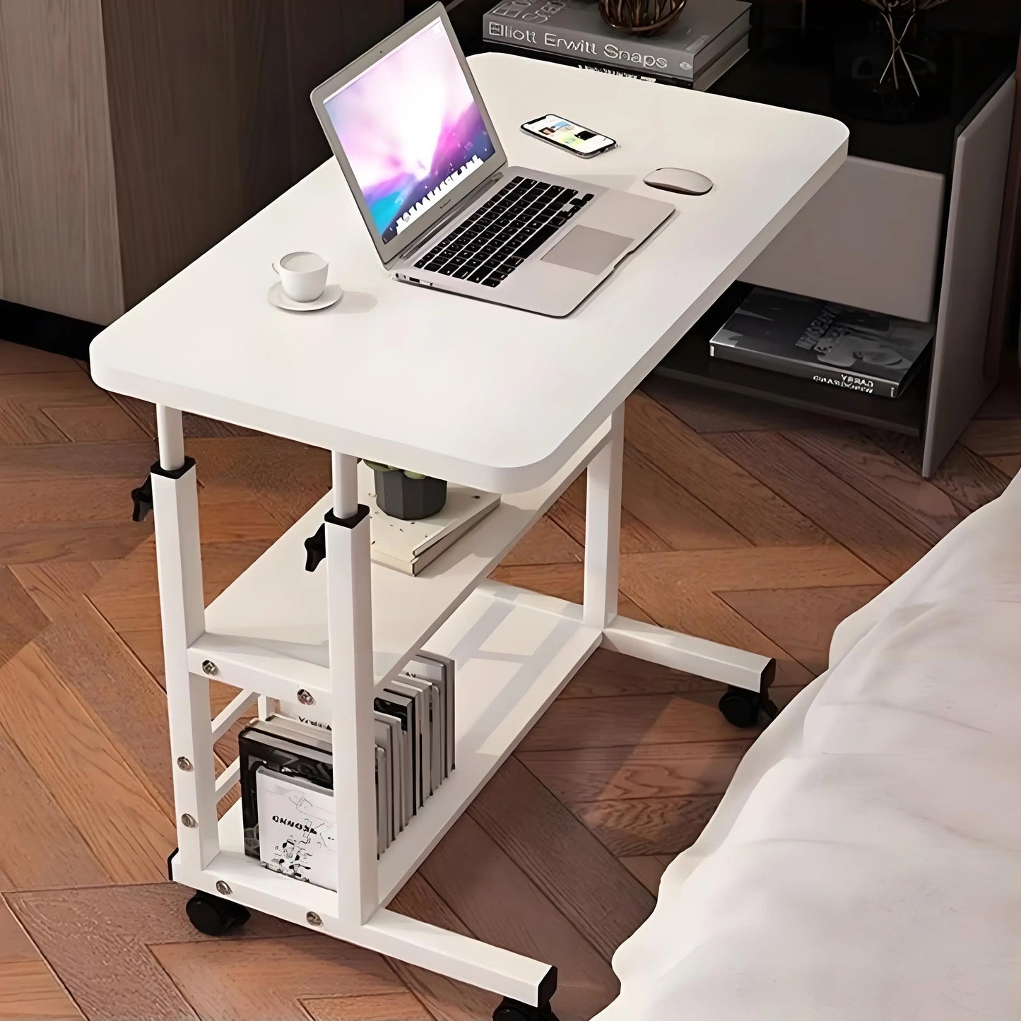 Mesa Auxiliar Doble Capa con Ruedas – Escritorio Portátil de Cama con Estante de Almacenamiento para Laptop y Dormitorio