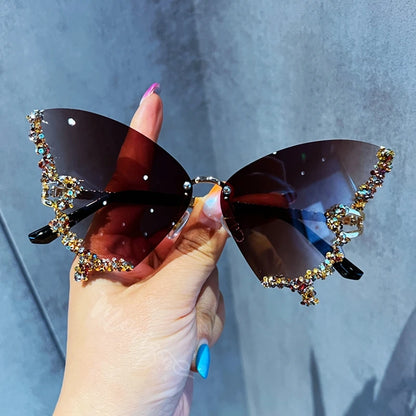 Gafas de Sol Mariposa Diamante Mujer | Vintage Y2K Oversized Rimless Eyewear de Lujo