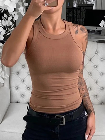 Top Básico Mujer Verano | Camiseta Sin Mangas Cuello Redondo Elástico Canalé Casual