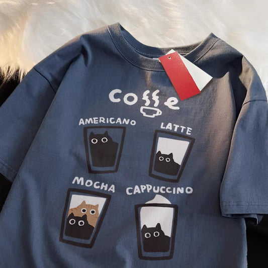 Camiseta Oversize Unisex | Estampado Gatito Café Crema Verano Streetwear