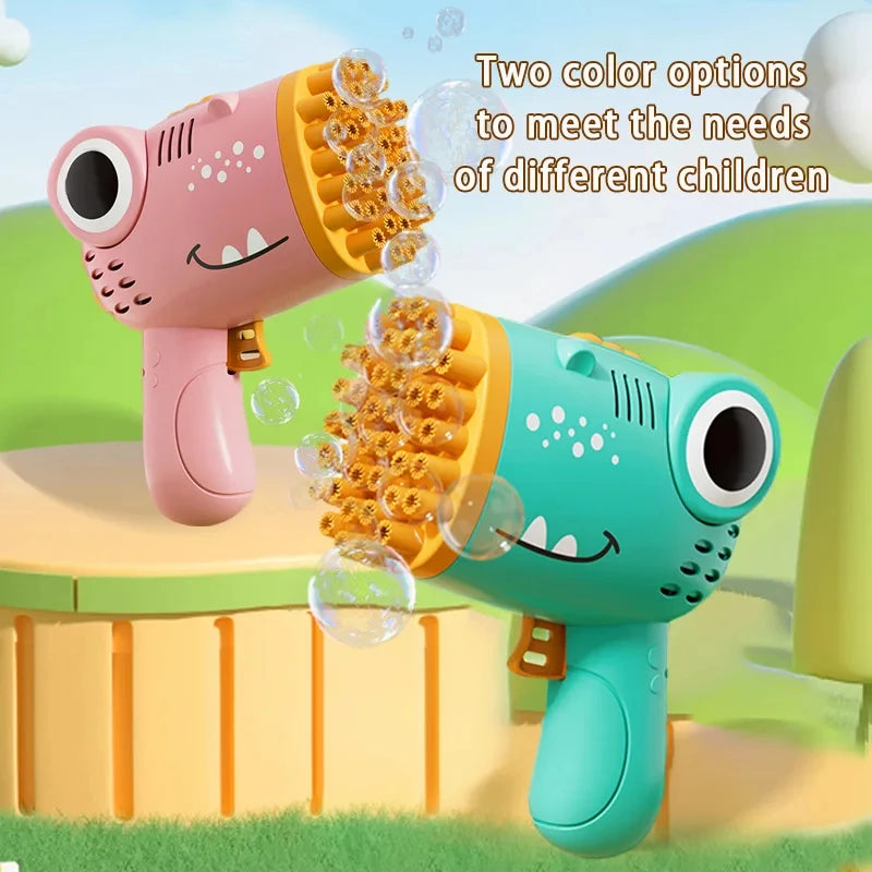 Pistola de Burbujas Eléctrica Dinosaurio 40 Agujeros – Máquina Automática Portátil de Burbujas para Niños al Aire Libre