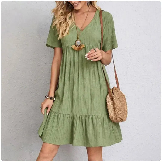 Vestido Peplum Mujer Verano | Vestido V-Cuello Manga Corta con Volantes Casual Primavera