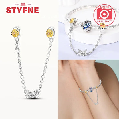 Charm Gato con Corazón de Plata 925 | Cadena de Seguridad para Pulseras Pandora Mujer