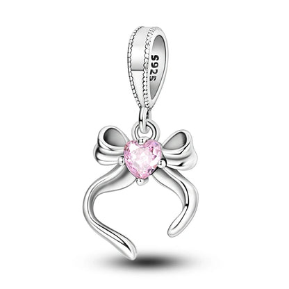 Charm de Plata 925 Rosa con Corazón, Perfume, Lazo y Cruz – Abalorios Elegantes para Pulseras Originales