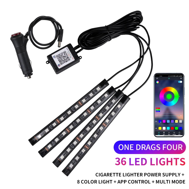 Kit de Luces LED Neón RGB para Interior de Coche | Tiras Decorativas con Control Remoto, App y Modo Música
