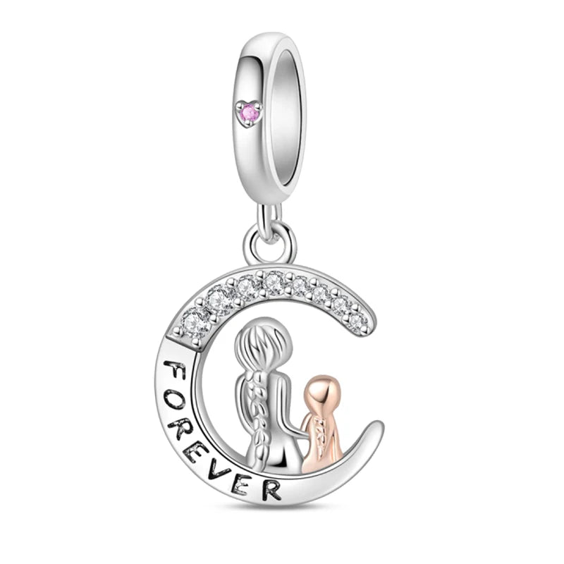 Charm Corazón Mamá e Hija en Plata 925 – Colgante Clásico para Pulseras Tipo Pandora, Regalo Día de la Madre
