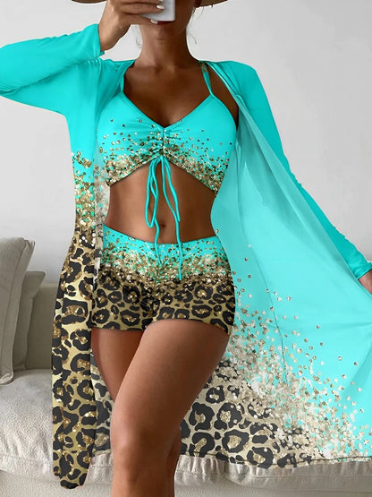 Bikini Mujer 2025 | 3 Piezas Alta Cintura Estampado con Kimono Playa