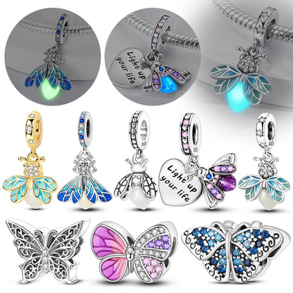 Charm de Plata 925 Luciérnaga y Mariposa Luminoso – Abalorio Brillante para Pulseras Originales
