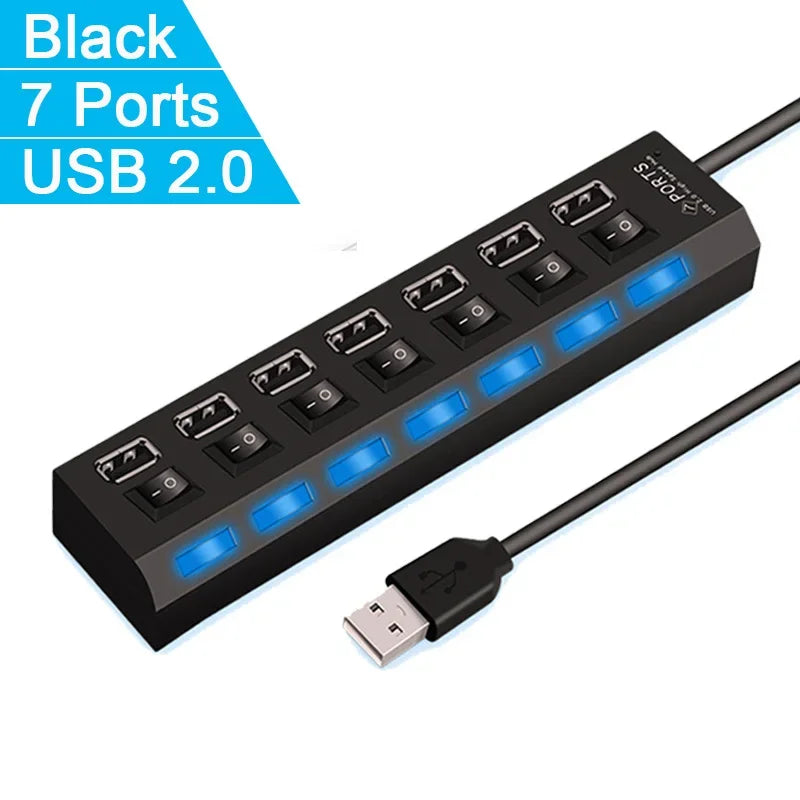 USB Hub 7 Puertos 2.0 – Adaptador Extensor de Datos para Laptop y PC