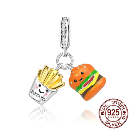 Charm Comida Divertida en Plata 925 – Café, Pastel, Frutas, Hamburguesa y Papas | Compatible Pandora 2025