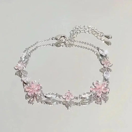 Pulsera Flor de Cerezo con Cristales Rosas – Joyería Dulce y Elegante para Mujer, Estilo Egirl de Fiesta