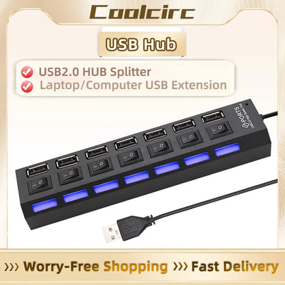 Coolcirc Hub USB 2.0 con 7 Puertos y Switch Individual | Extensor USB para PC, Laptop y Desktop