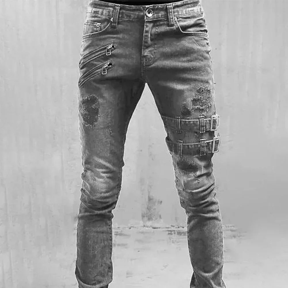 Jeans Biker Slim Fit para Hombre – Pantalones Rotos de Denim Negro con Cremallera, Stretch y Estilo Hip Hop Oversize