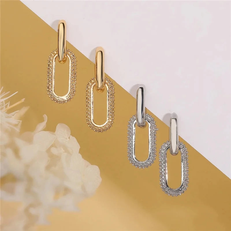 Aretes Geométricos con Brillantes – Pendientes Elípticos de Doble Aro para Mujer, Joyería Elegante de Fiesta