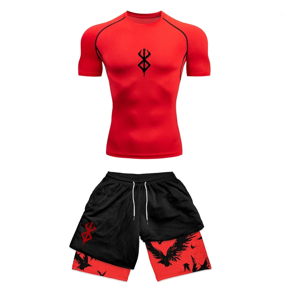 Conjunto Compresivo Anime 3D para Hombre – Camiseta de Manga Corta y Shorts de Gym, Secado Rápido y Transpirable