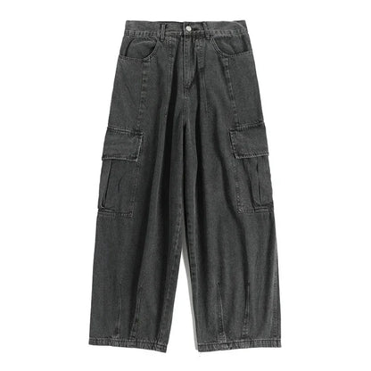 2025 Jeans Men's Oversize Cargo Korean Black Wide Pants Streetwear Hip Hop Harajuku Male Fashion Straight Denim Pants