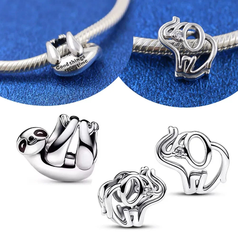 Charm Colgante Elefante y Perezoso en Plata 925 – Cuentas Caladas para Pulsera Original Mujer Joyería DIY