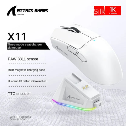 Attack Shark X11 Gaming Mouse – Tri-Mode (Bluetooth/2.4G/USB) con RGB, Dock de Carga Magnético y Sensor PAW3311