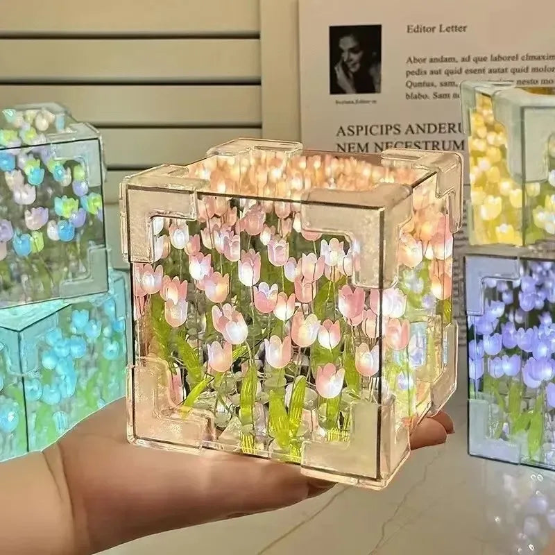 Lámpara cúbica DIY tulipán con espejo – Luz nocturna de mesa simulación flor para dormitorio