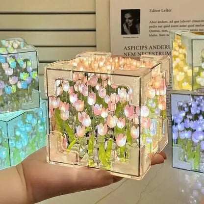 Lámpara cúbica DIY tulipán con espejo – Luz nocturna de mesa simulación flor para dormitorio