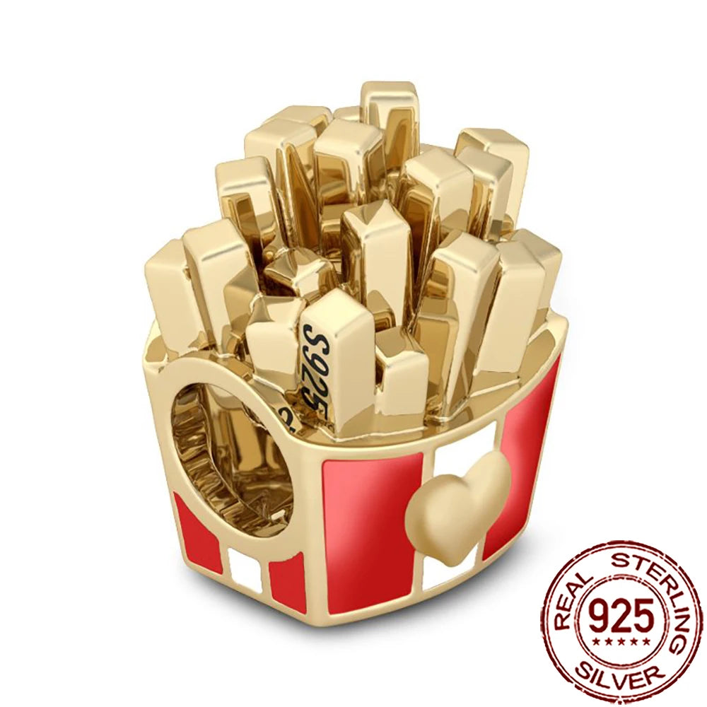 Charm Comida Divertida en Plata 925 – Café, Pastel, Frutas, Hamburguesa y Papas | Compatible Pandora 2025