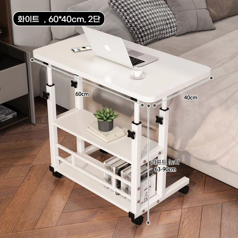 Mesa Auxiliar Doble Capa con Ruedas – Escritorio Portátil de Cama con Estante de Almacenamiento para Laptop y Dormitorio