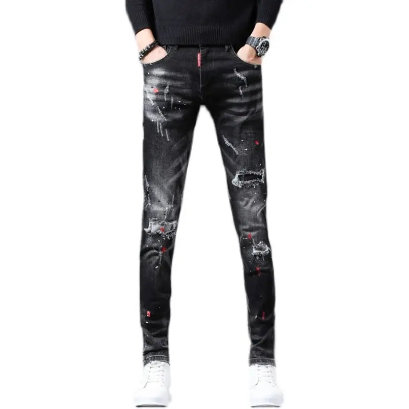 Jeans Slim Hombre Ripped Pintura | Pantalón Vaquero Streetwear Lujo Primavera Otoño 2025