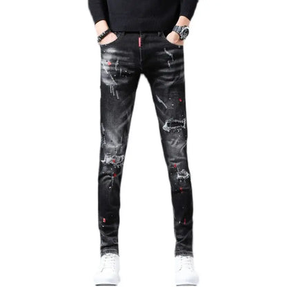 Jeans Slim Hombre Ripped Pintura | Pantalón Vaquero Streetwear Lujo Primavera Otoño 2025