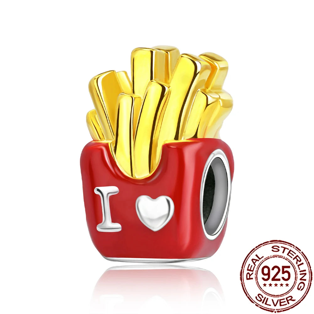 Charm Comida Divertida en Plata 925 – Café, Pastel, Frutas, Hamburguesa y Papas | Compatible Pandora 2025