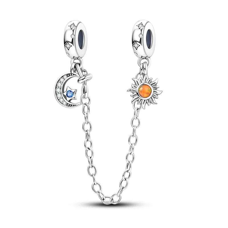 Charm de seguridad en plata 925 – Serie copo de nieve, luna, estrella, corazón y moño para pulseras tipo Pandora
