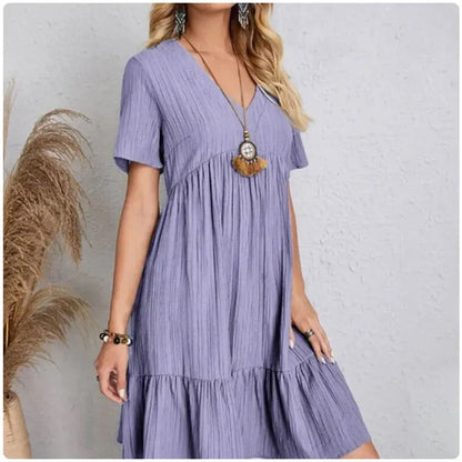 Vestido Peplum Mujer Verano | Vestido V-Cuello Manga Corta con Volantes Casual Primavera