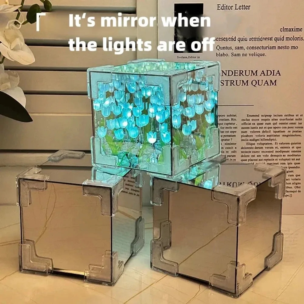 Lámpara cúbica DIY tulipán con espejo – Luz nocturna de mesa simulación flor para dormitorio