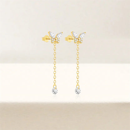 CANNER Aretes Mariposa con Borla Plata 925 | Baño Oro con Zirconia