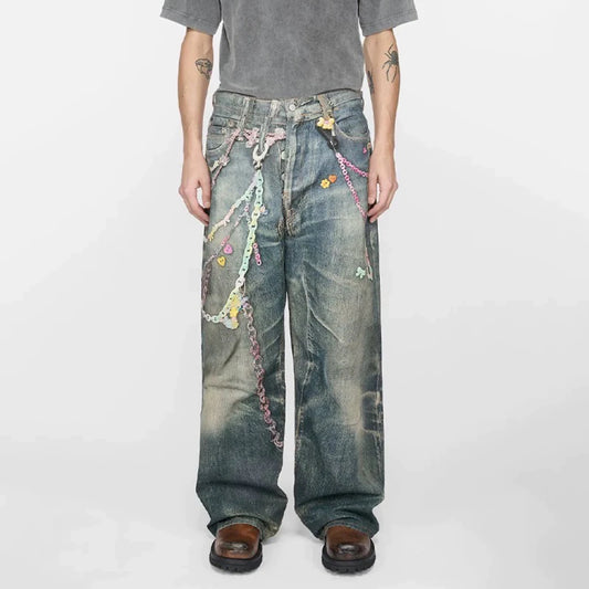 Jeans Vintage con Estampado 3D de Cadenas – Pantalones Baggy Unisex Harajuku Rectos Oversize Cargo Denim Lavado