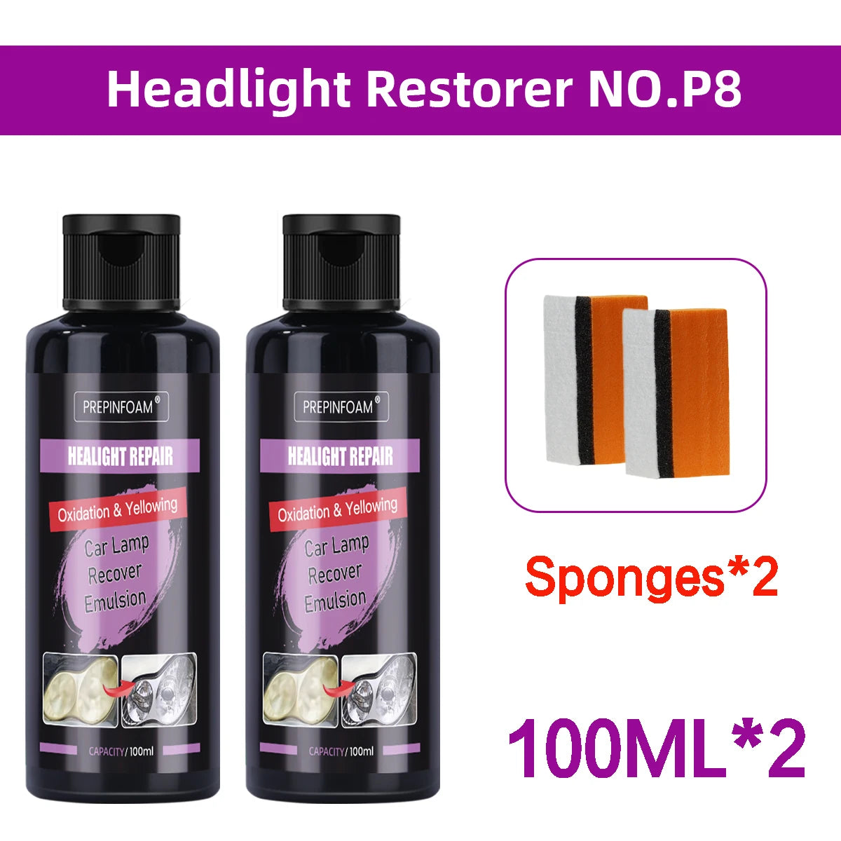 Kit de Restauración de Faros para Coche – Pulido y Reparación, Eliminación de Oxidación y Arañazos, Agente Renovador P8