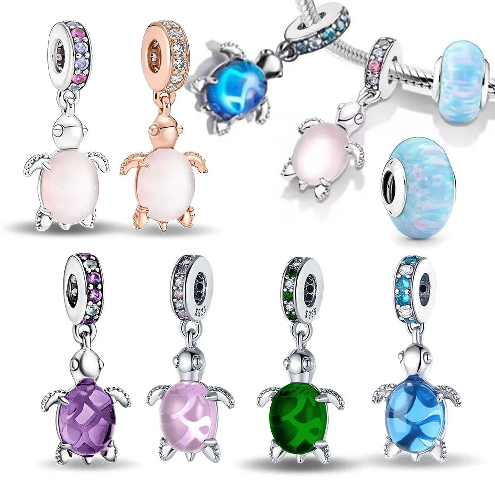 Charm colgante tortuga marina rosa – Plata 925 con cuentas coloridas, compatible Pandora, pulsera mujer DIY