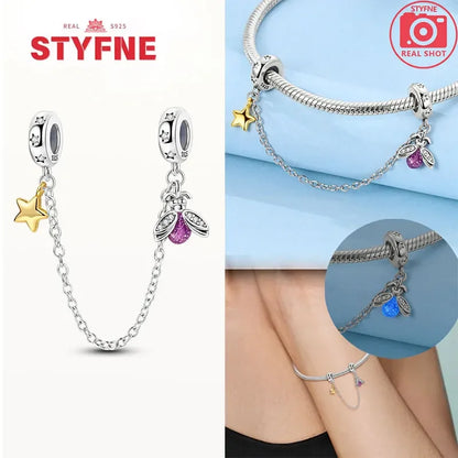 Charm Gato con Corazón de Plata 925 | Cadena de Seguridad para Pulseras Pandora Mujer