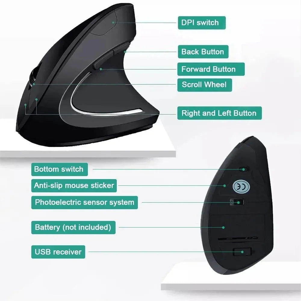 Vertical Mouse Ergonómico Inalámbrico 2.4GHz – 6 Botones, 3 Niveles DPI Ajustables (800/1200/1600)