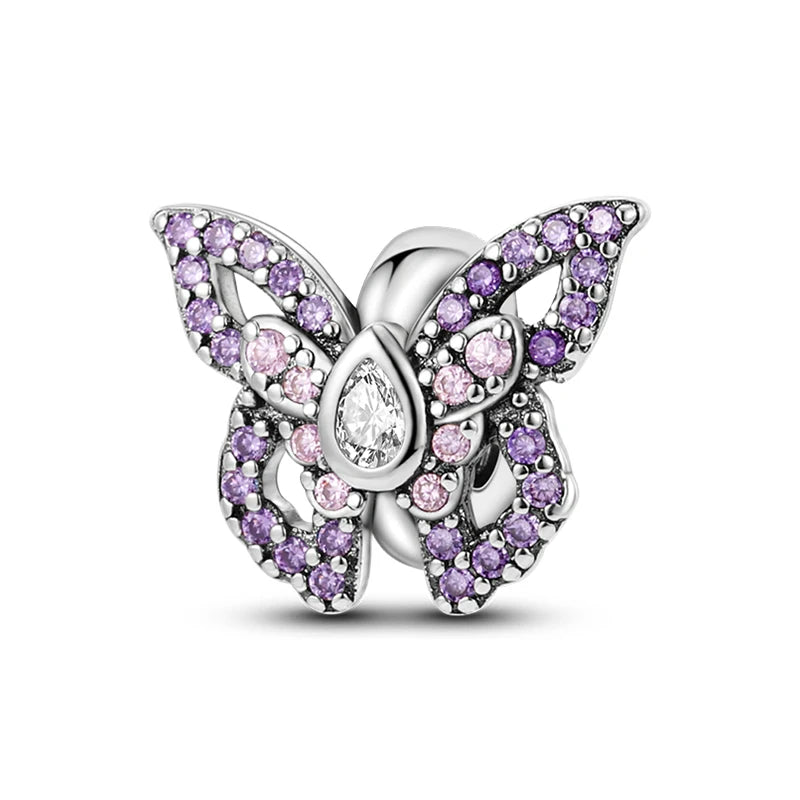 Charm de Plata 925 con Mariposa y Dragón – Abalorio Colorido con Zirconia Arcoíris para Pulseras DIY