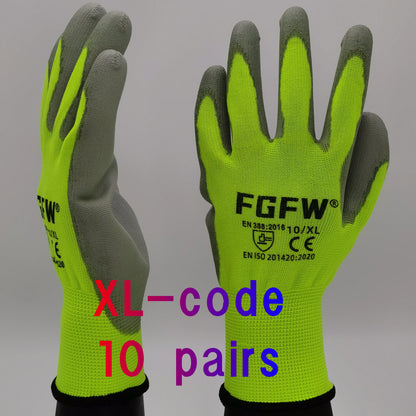 10 Pares Guantes de Trabajo PU 🧤 Antideslizantes, Resistentes y Ligeros – Guantes de Seguridad Certificados EN 388/ISO20471 (Tallas S/M/L/XL)