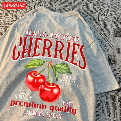 Camiseta Oversize Mujer Verano | Algodón Estampado Limones y Cerezas Casual