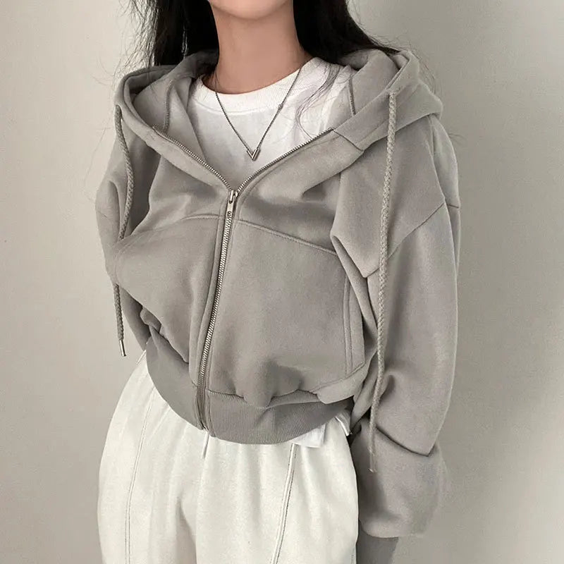Hoodie Crop Top Oversize Mujer Y2K | Sudadera Zip Up Harajuku Casual con Cremallera